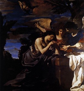 Guercino: La Maddalena e due angeli, tecnica a olio su tela, 220 x 200 cm, anno 1622, Pinacoteca Vaticana, Città del Vaticano.